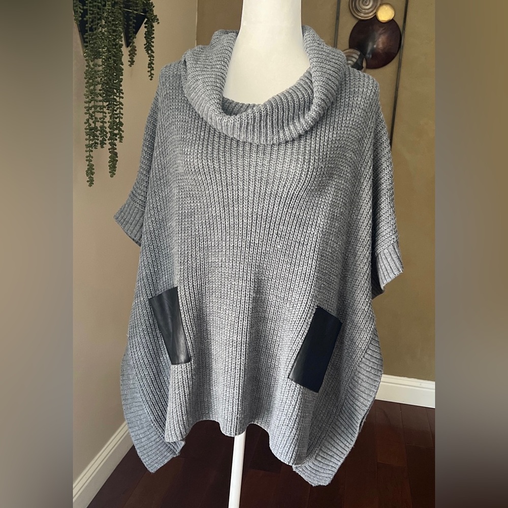Venus Grey Cowl Neck Sweater Poncho with faux leather pockets OS